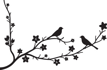 birds on a branch, bird, tree, branch, vector, nature, illustration, birds, spring, flower, animal, leaf, design, love, cute, cartoon, card, floral, plant, drawing, decoration, season, summer, twig, p