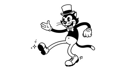 Rubber hose style cat wearing a top hat and tap dancing with big white gloves and shiny shoes