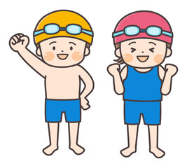 水着姿でガッツポーズをする子供たちのイラスト