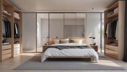 Sleek modern bedroom with walk-in closet; minimalist furniture, natural light ,  bed,  modern house,  architecture