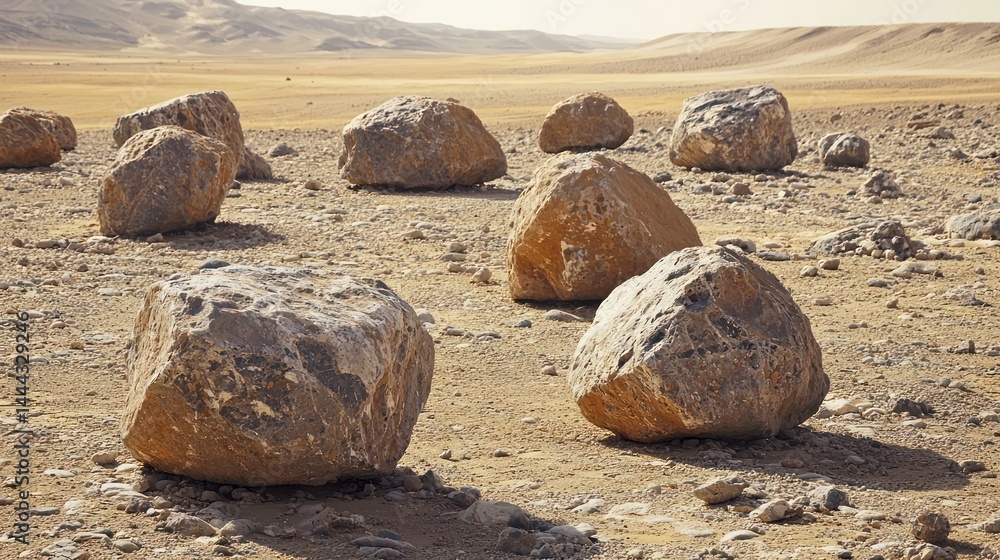 Poster cluster of round and angular boulders from an extreme desert climate