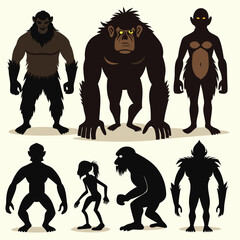 Epic Bigfoot Silhouette Vector Collection Featuring Forest, Mountain, and Mythical Cryptid Scenes in Minimalist Black Style