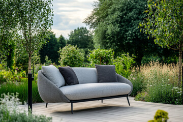 Fototapeta premium modern garden furniture set featuring stylish gray sofa with cushions, surrounded by lush greenery and vibrant plants, creating serene outdoor atmosphere