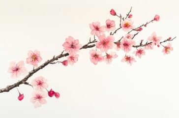 Delicate sakura blossom branch against a soft white