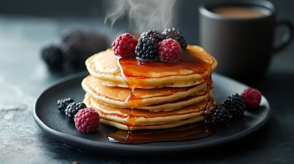 Stack of fluffy pancakes topped with fresh berries and syrup, steam rising
