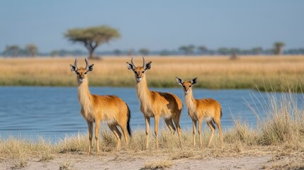 Fototapeta premium Majestic Lechwe Antelope Trio by the Okavango River