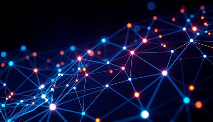 Abstract geometric shapes depicting blockchain network, glowing nodes and lines on dark background, landing page, interface