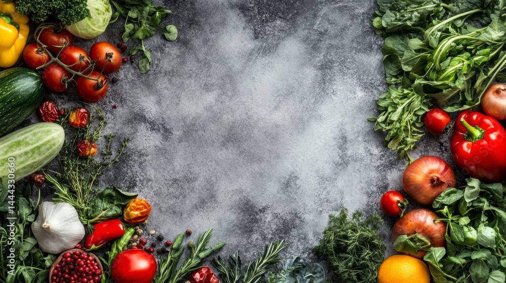Poster fresh vegetables and herbs arranged on a dark background, creating a frame with copy space in the ce
