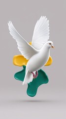 Fototapeta premium A minimalist abstract depiction of a white dove in flight rising upward through a surreal geometric environment of green and yellow shapes