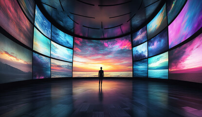person stands large circular tunnel surrounded by multiple digital screens displaying vibrant and colorful landscapes. atmosphere is immersive and captivating, evoking sense of wonder