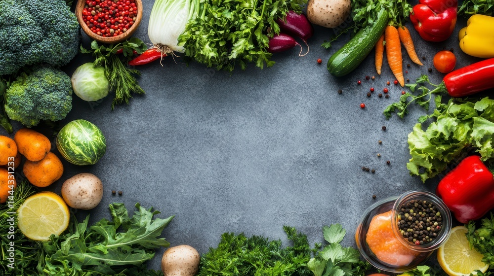 Poster colorful fresh vegetables and herbs arranged on a dark surface, creating a frame with copy space in 