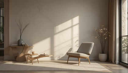 Cozy minimalist living room with mid-century modern armchair, soft ambient lighting, textured walls, and glass doors, styled in neutral tones for serene, elegant interior inspiration.