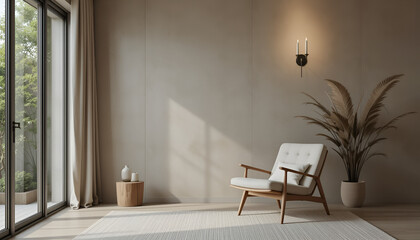 Cozy minimalist living room with mid-century modern armchair, soft ambient lighting, textured walls, and glass doors, styled in neutral tones for serene, elegant interior inspiration.