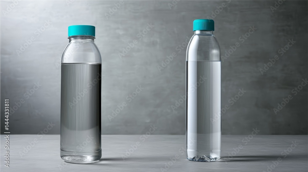 Poster Transparent plastic bottle with a teal cap placed on a soft gray textured surface under diffused studio lighting, allowing for creative design opportunities