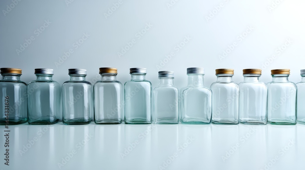 Poster a lineup of transparent glass water bottles with simple caps is arranged symmetrically on a white ba