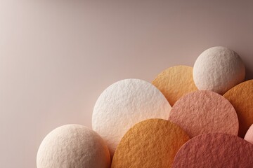 abstract design of natural cosmetic elements in muted earth tones and soft textures fills most of image background