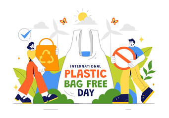 International Plastic Bag Free Day Vector Illustration on July 3 Featuring Go Green Message, Save the Earth and Ocean Theme in Eco Friendly Lifestyle