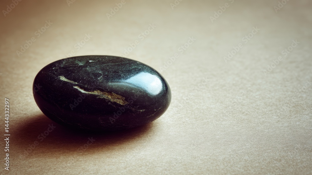 Poster Single glossy black river stone with subtle veins rests on textured taupe background, creating a calm, minimalist setting with ample copy space for design