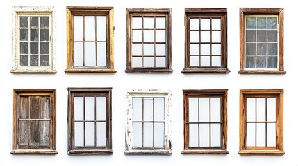 Obraz premium Collection of old-fashioned wooden windows with multiple small glass panes and white trim on white background.