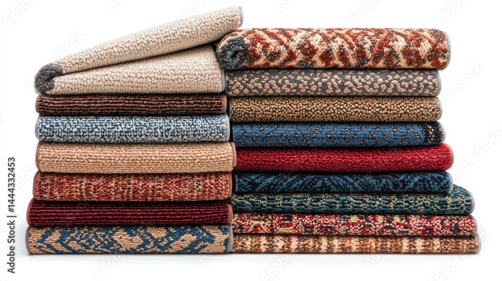 Poster collection of rectangular and oval carpets stacked neatly on a white background