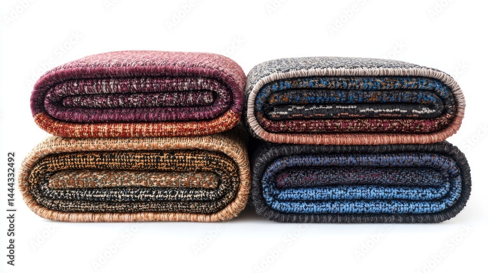 Poster collection of rectangular and oval carpets stacked neatly on a white background