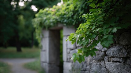 ancient stone doorway partially concealed by thick ivy strands with minimalistic design and abundant copy space