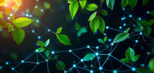 Abstract image depicting interconnected green leaves and digital network nodes,  corporate sustainability, nature