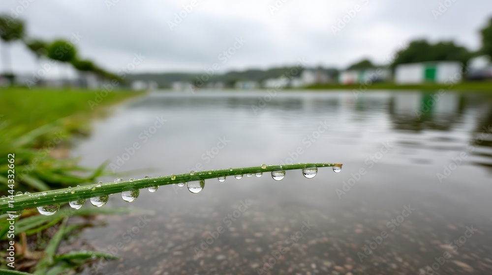 Poster fresh raindrops lined along a narrow green leaf sparkle softly against a blurred pond and gentle rip