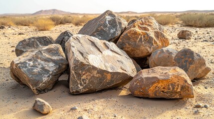 Collection of sandstone boulders from a harsh desert, isolated