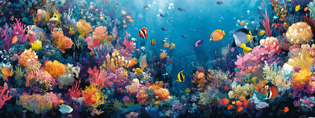 coral reef scene with colorful fish swimming, showcasing diverse underwater ecosystem filled with various corals and marine life. beauty of ocean is captured in this lively environment