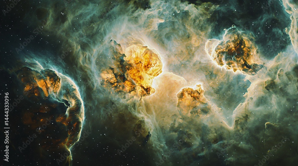 Poster enigmatic nebula in the sky displaying radiant gas clouds with a soft ambient glow that enhances the