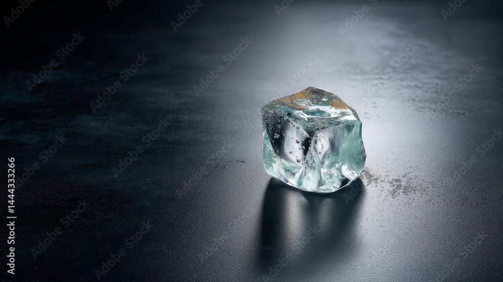 Poster a melting ice cube rests on a dark glossy surface, capturing light in a way that reveals air bubbles