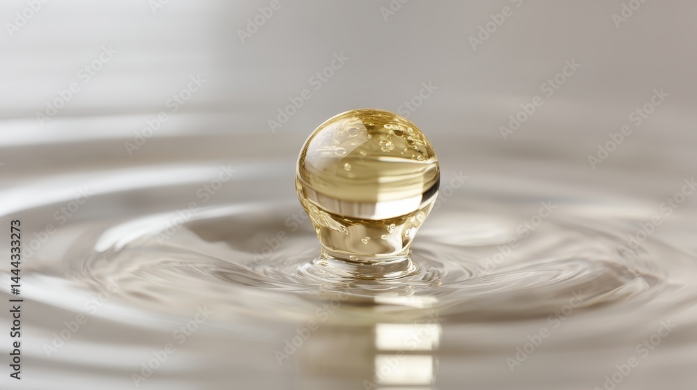 Aufkleber a single droplet of rich golden oil falls smoothly, creating gentle ripples in the water below, high