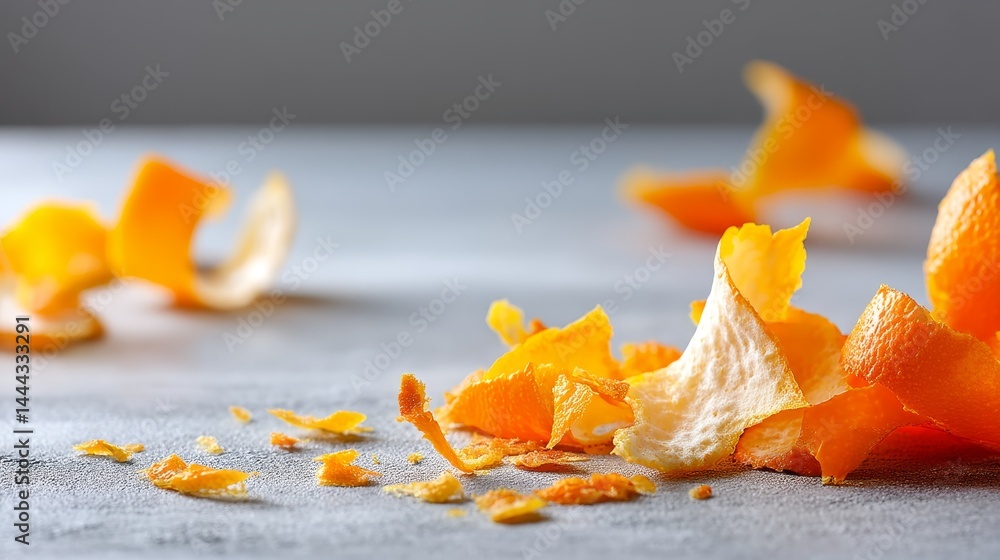 Aufkleber Close-up shot captures the intricate texture of orange peel with vibrant colors and lighting contrasts, focusing on natural patterns and featuring empty space