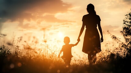 A child and adult holding hands walk through a sunlit field at sunset, silhouetted against a glowing sky.