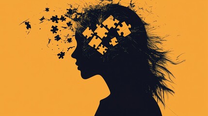 A silhouette of a head with puzzle pieces missing and flying away, symbolizing memory loss or mental health issues.