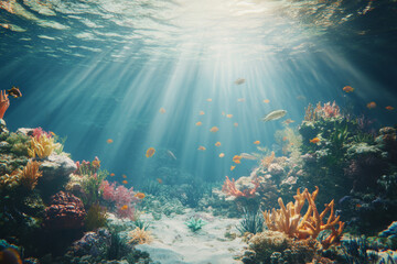 Obraz premium vibrant underwater scene showcasing colorful coral reefs, illuminated by sunlight filtering through water, creating serene and enchanting atmosphere