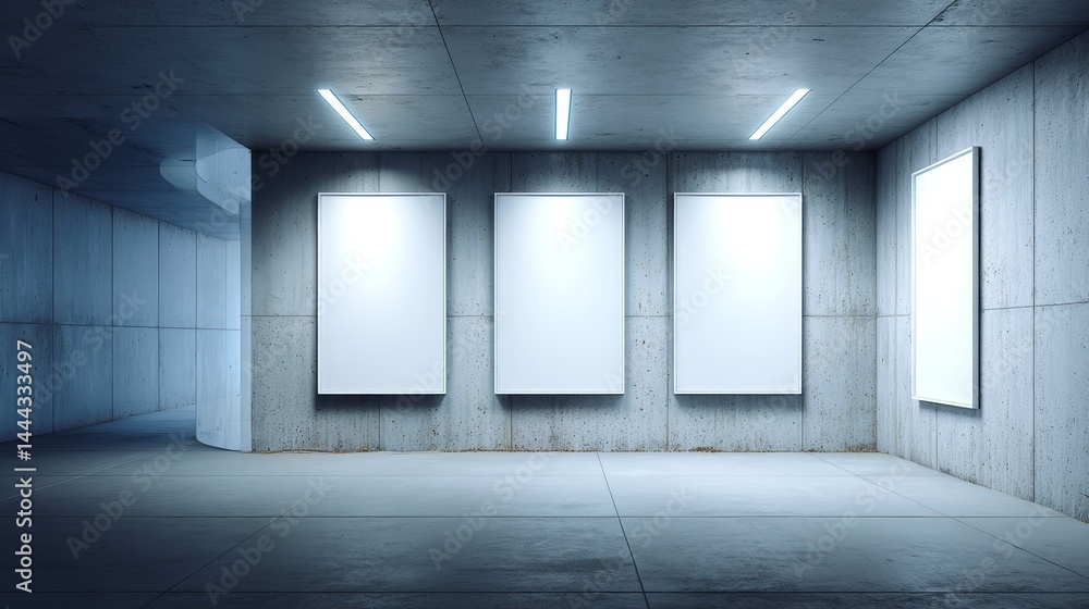 Poster Three empty white picture frames are mounted in a minimalist gallery space on a textured gray wall, softly lit for an art display, allowing viewer imagination