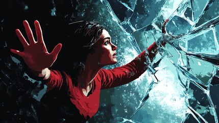 A woman in red dramatically breaks through a glass barrier, reaching toward the light in a dynamic, stylized digital artwork.