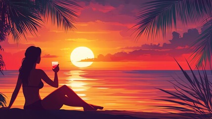 A woman relaxes on a beach at sunset, holding a drink, surrounded by palm trees and a vivid, colorful sky.