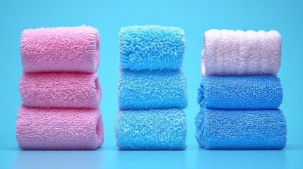 Stack of Soft Pink, Light Blue and White Bath Towels on Blue Background