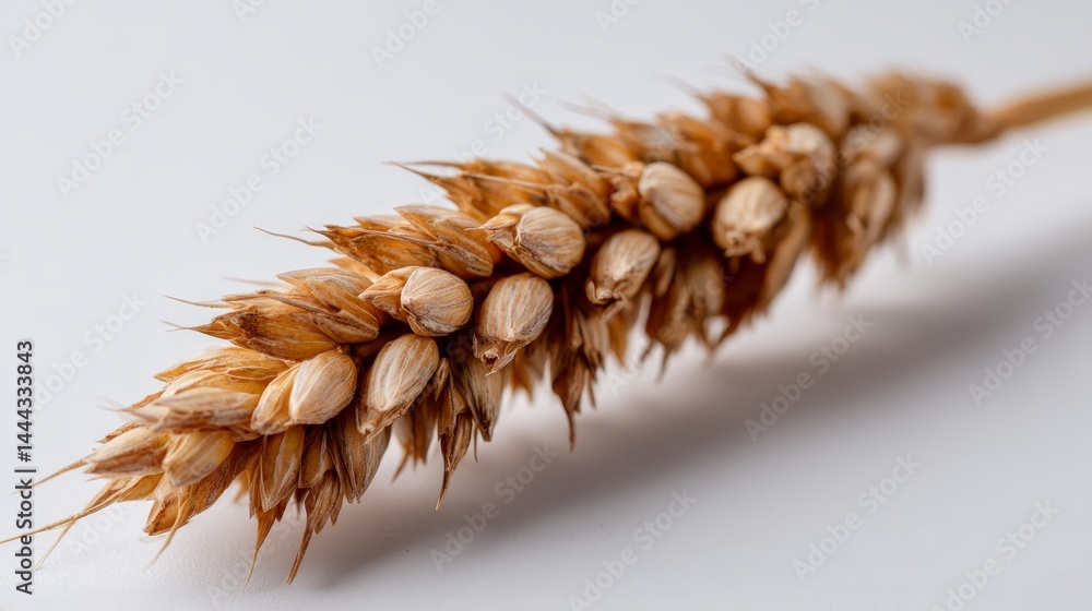 Poster a single golden wheat stalk is showcased, emphasizing its detailed grains against a clean white back