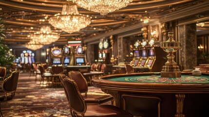 Fototapeta premium Luxurious casino interior with gaming tables and chandeliers
