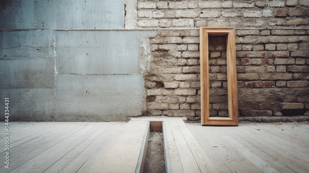 Poster A blank wooden frame leans against a textured, weathered brick wall, creating an artistic ambiance with ample copy space for creative use