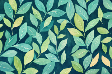 Fototapeta premium pattern of green leaves in various shades, creating lush and refreshing atmosphere. design evokes sense of nature and tranquility, perfect for backgrounds or decor