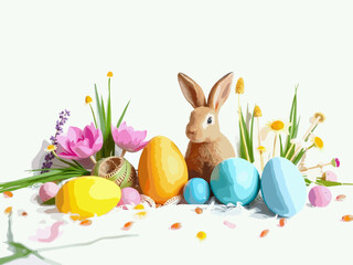 easter bunny with easter eggs and flowers