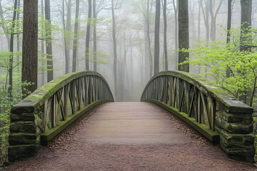 Obraz premium Serene misty forest scene featuring an old stone and wood bridge leading into the fog. Perfect for peace, tranquility, and nature themes.