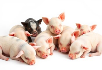 Adorable piglets playing, sleeping, and exploring on a pure white background , farm animal, oink