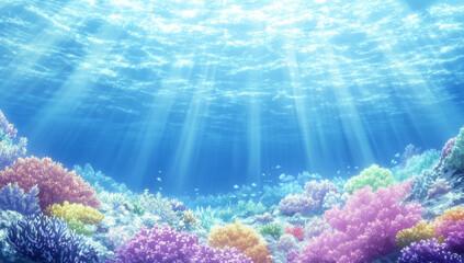 Fototapeta premium beautiful underwater scene with colorful coral reefs, vibrant marine life, and sunlight filtering through water, creating serene and tranquil atmosphere