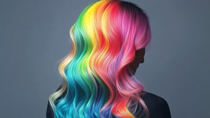 Fototapeta premium Rear view of woman with vibrant rainbow-colored long wavy hair against a gray background.